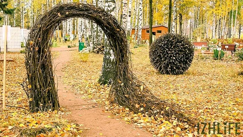 Арка из ветвей в осеннем парке Космонавтов