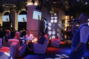 Гости и певец в караоке-ресторане «Vinokurov karaoke-rest»