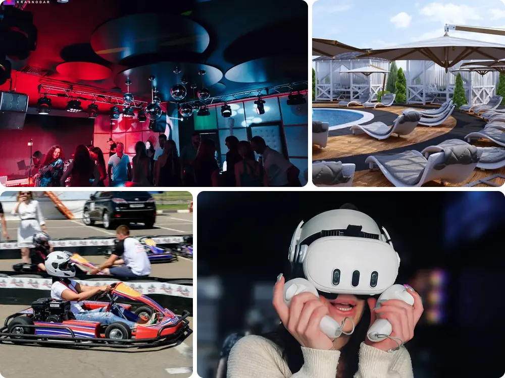 Караоке-клуб «Главная сцена», ресторан «Водаеда», картинг TopKart, гостья в VR-шлеме в клубе escape.