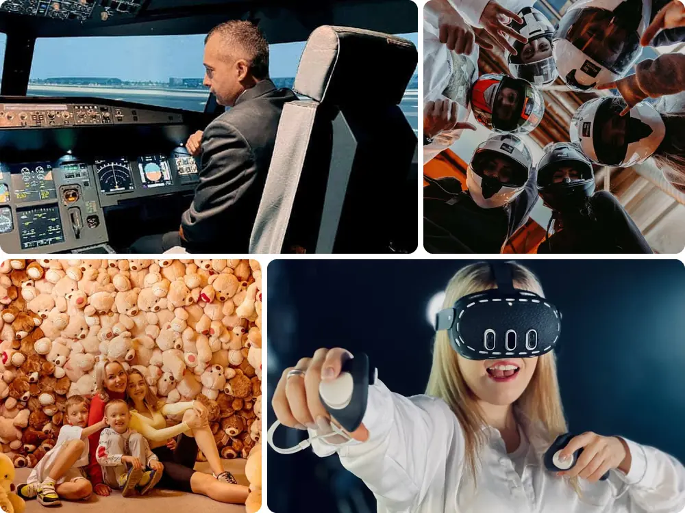 Авиатренажёр Dream Aero, картинг-клуб «Форсаж», музей Big Funny, гостья в VR-шлеме в клубе escape.