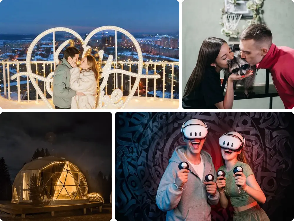 Свидание на крыше Sky Love, Дом енотов, глэмпинг «Атмосфера», пара в VR-шлемах в клубе escape.